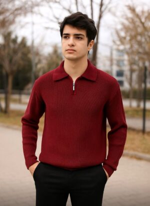 Bordo Yarım Fermuarlı Örgü Kazak